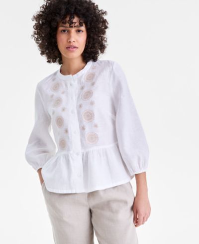 Женский топ Charter Club Linen Embroidered-Front Peplum