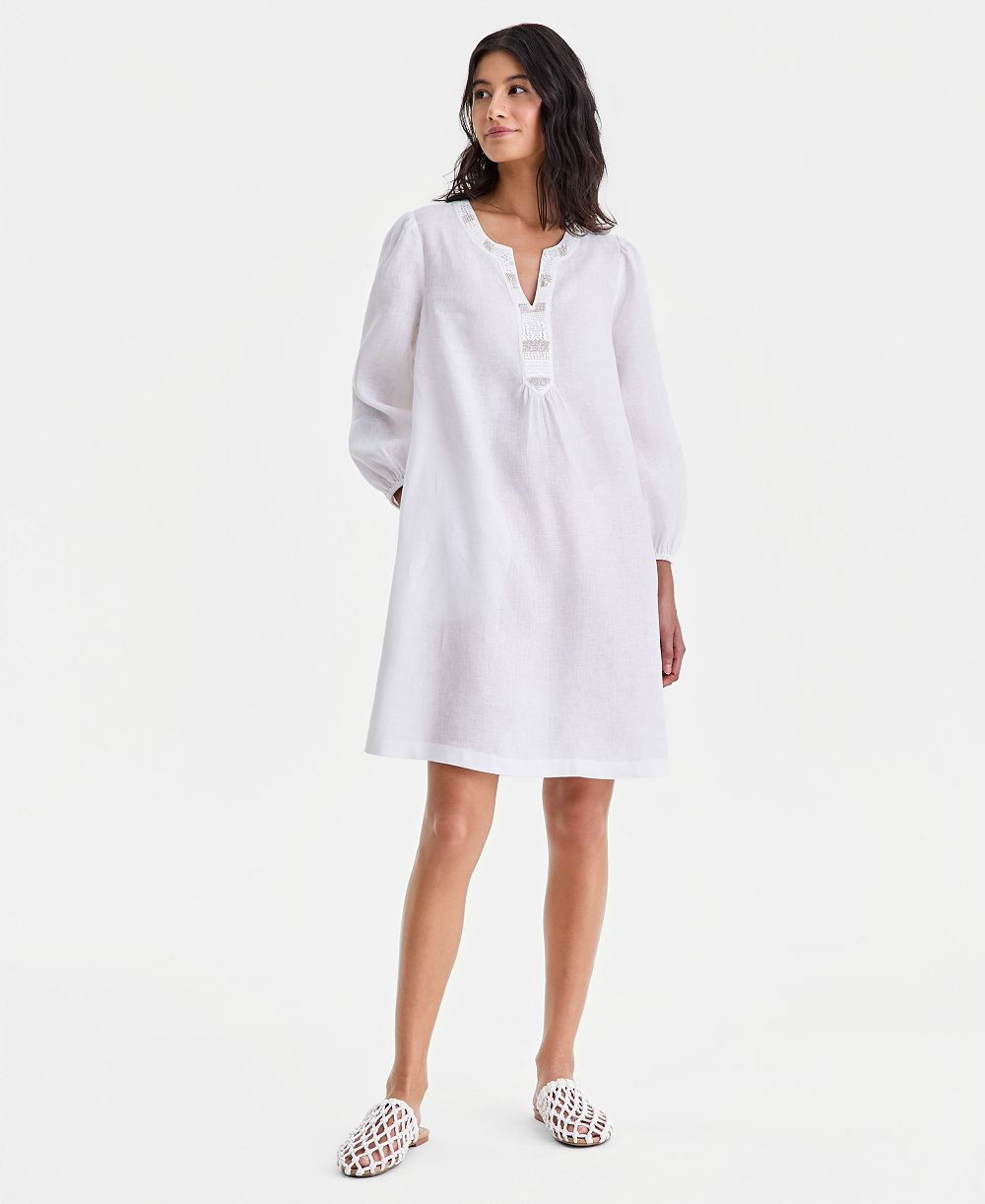 Charter Club Women's 100% Linen Embellished Split-Neck Dress, Macy's Exclusive
