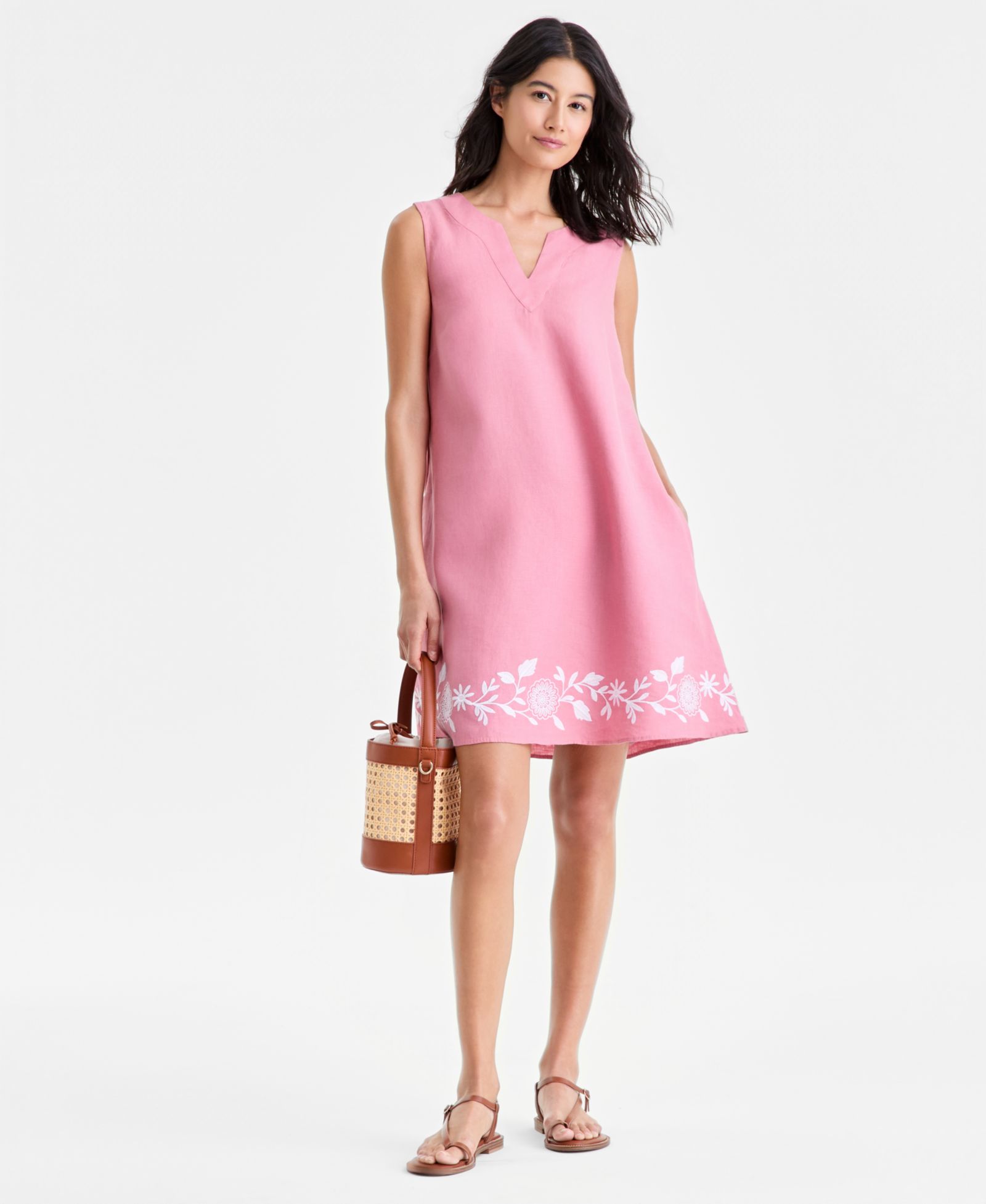 Charter Club Женское платье из льна с вышивкой на подоле, Sleeveless, Macy's Exclusive