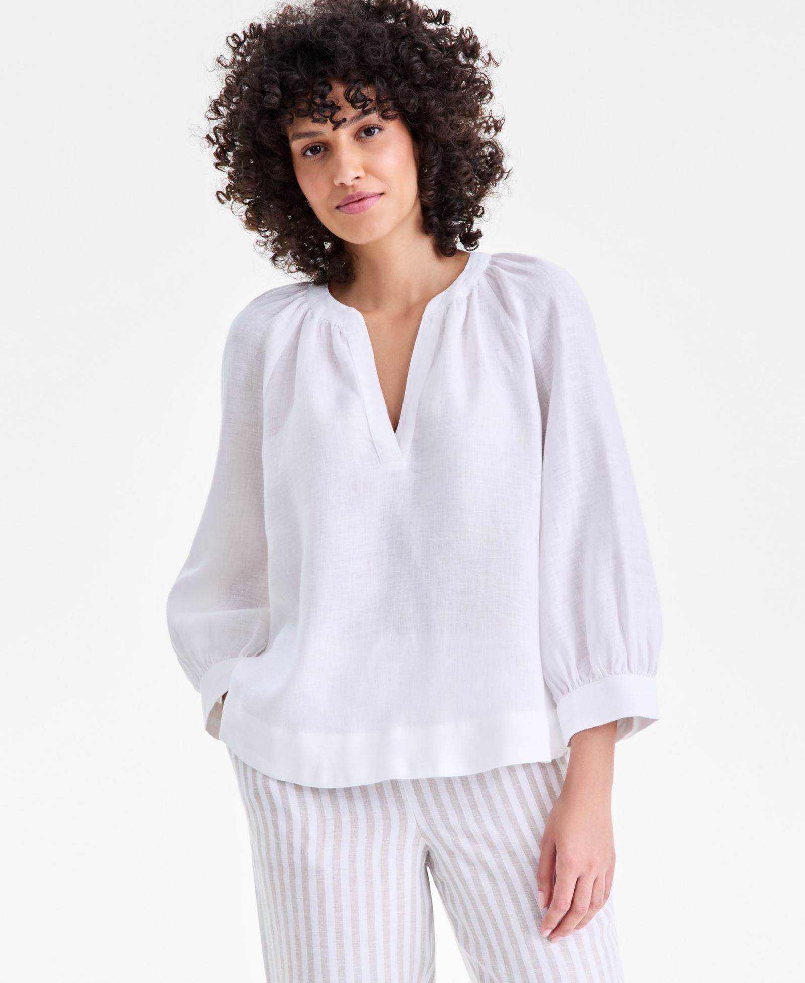Charter Club Women's 100% Linen Split-Neck 3/4-Sleeve Blouse, Macy's Exclusive