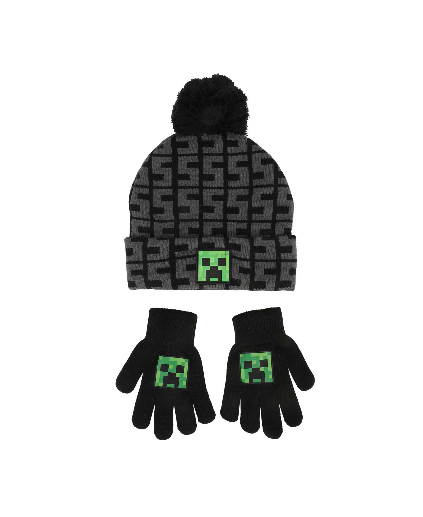 Minecraft SSSS Creeper Toddler Black 2-Piece Knit Beanie and Gloves Set