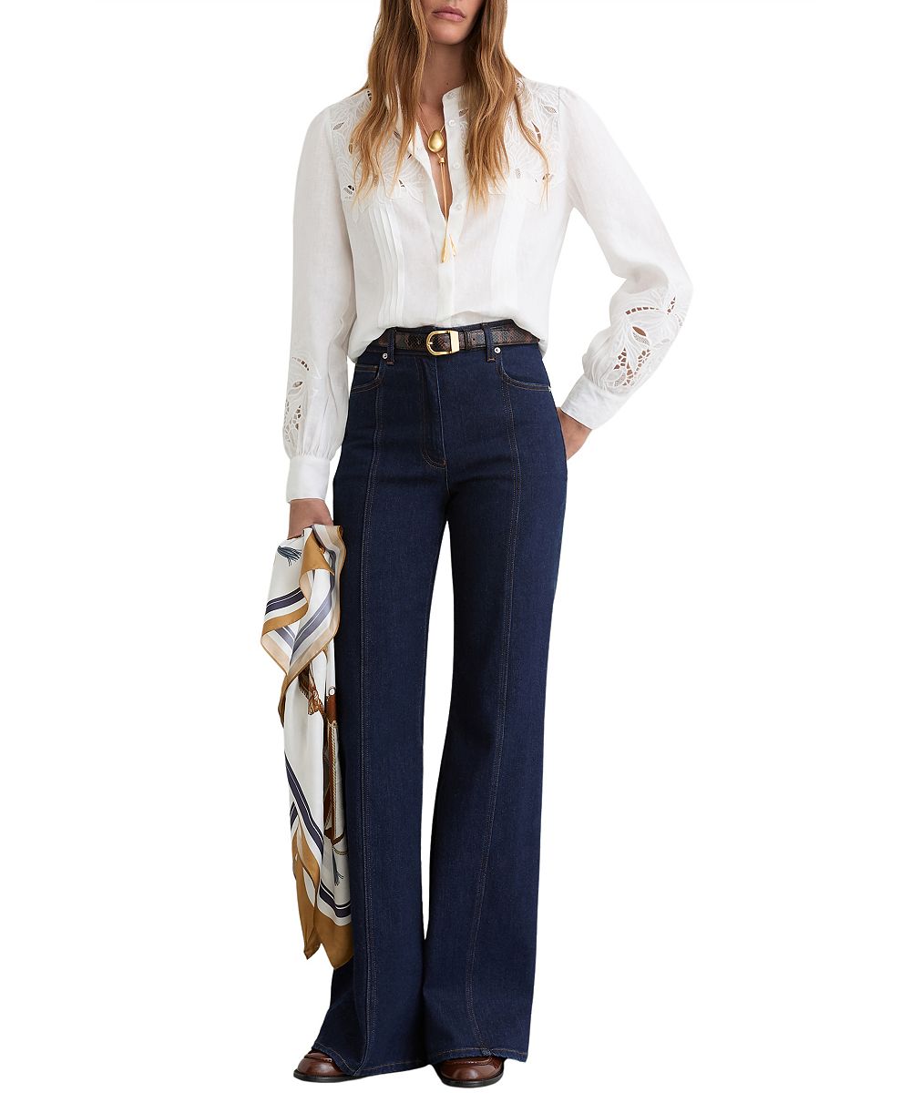 REISS Women's Linen Embroidered Blouse Shirt