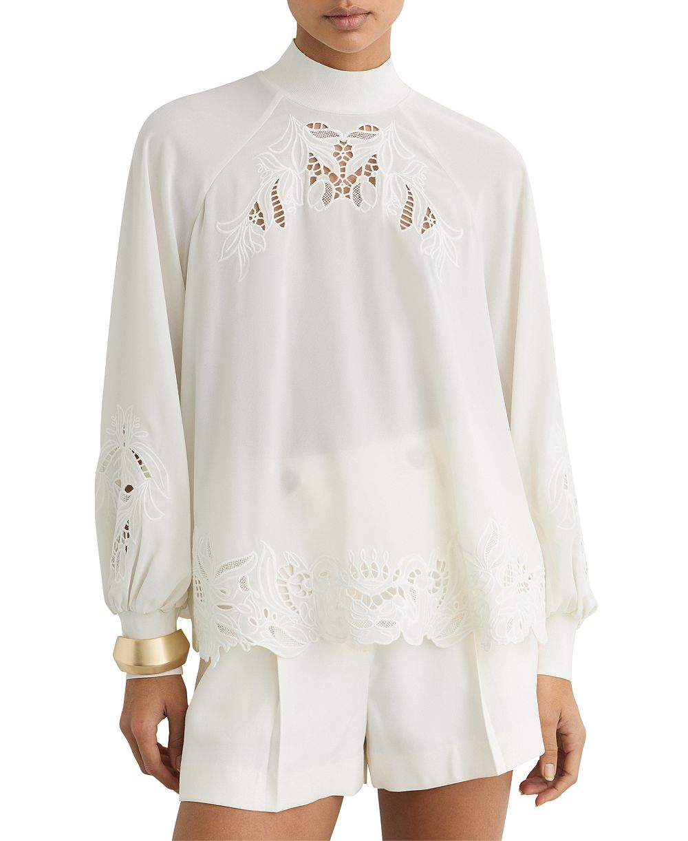 REISS Женская блузка Rae High-Neck 3/4-Sleeve Blouson Lace