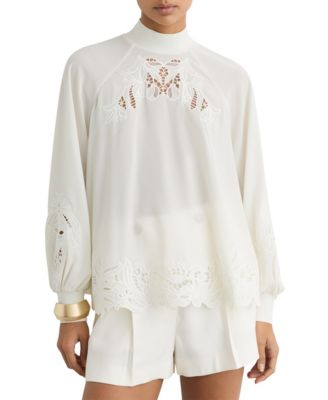 REISS Women's Rae High-Neck 3/4-Sleeve Blouson Lace Blouse