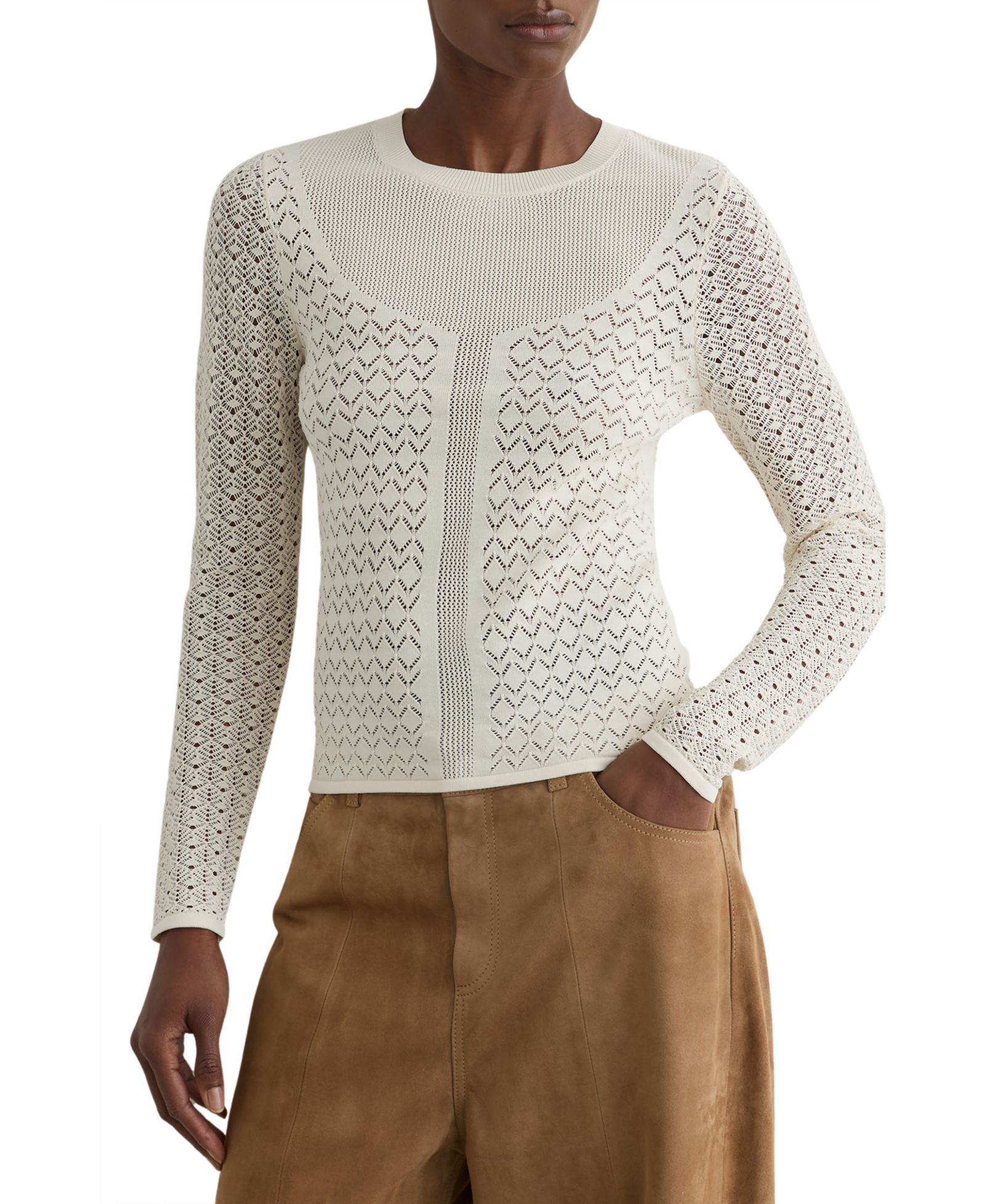 REISS Women's Pointelle-Knit Long-Sleeve Top