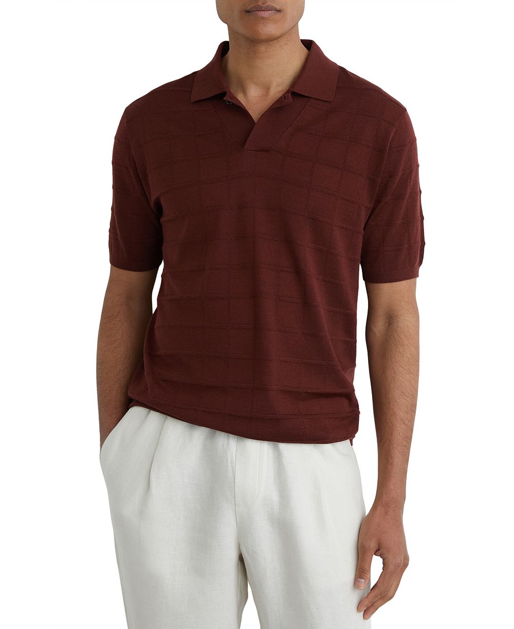 REISS Men's Serval Open Collar Check Textured Polo Shirt