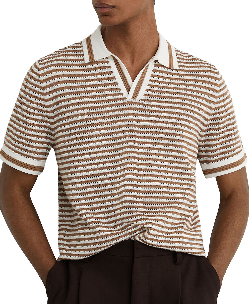 REISS Men's Carl Ford Textured Stripe Linen Blend Open Neck Polo Shirt