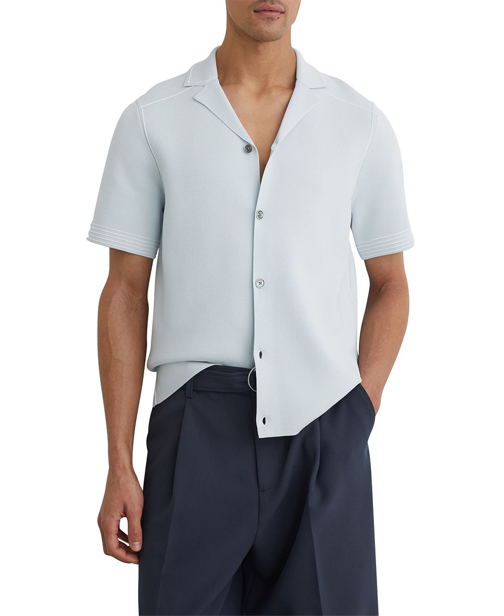 REISS Men's Wandsworth Button Through Piped Stitch Detail Cuban Shirt
