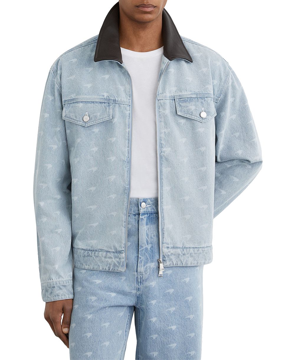 REISS Men's Vortex McLaren Racing Grained-Leather-Collar Denim Jacket