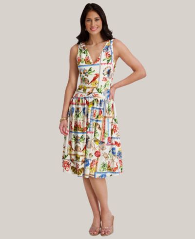 kensie Women's Printed V-Neck Midi Dress