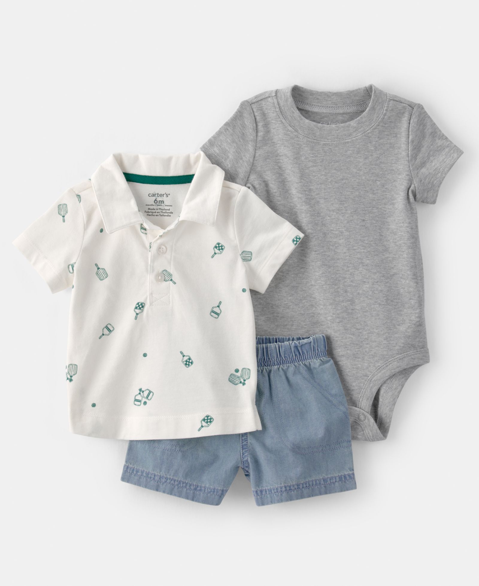 Carter's Baby Boys' Pickleball Short-Sleeve Polo Shirt, Bodysuit and Shorts, 3-Piece Set