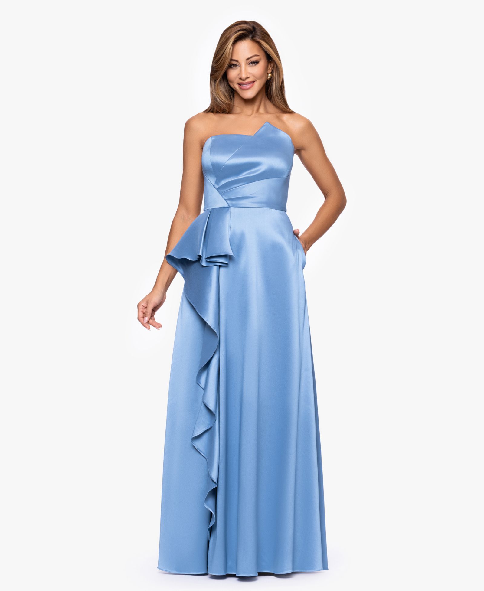 XSCAPE petite Strapless Side Ruffle Satin Ball Gown