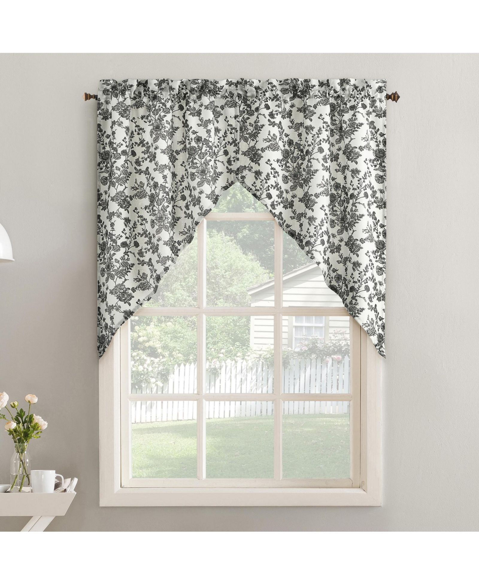 No. 918 Elodie Tonal Botanical Semi-Sheer Rod Pocket Kitchen Curtain Swag Pair
