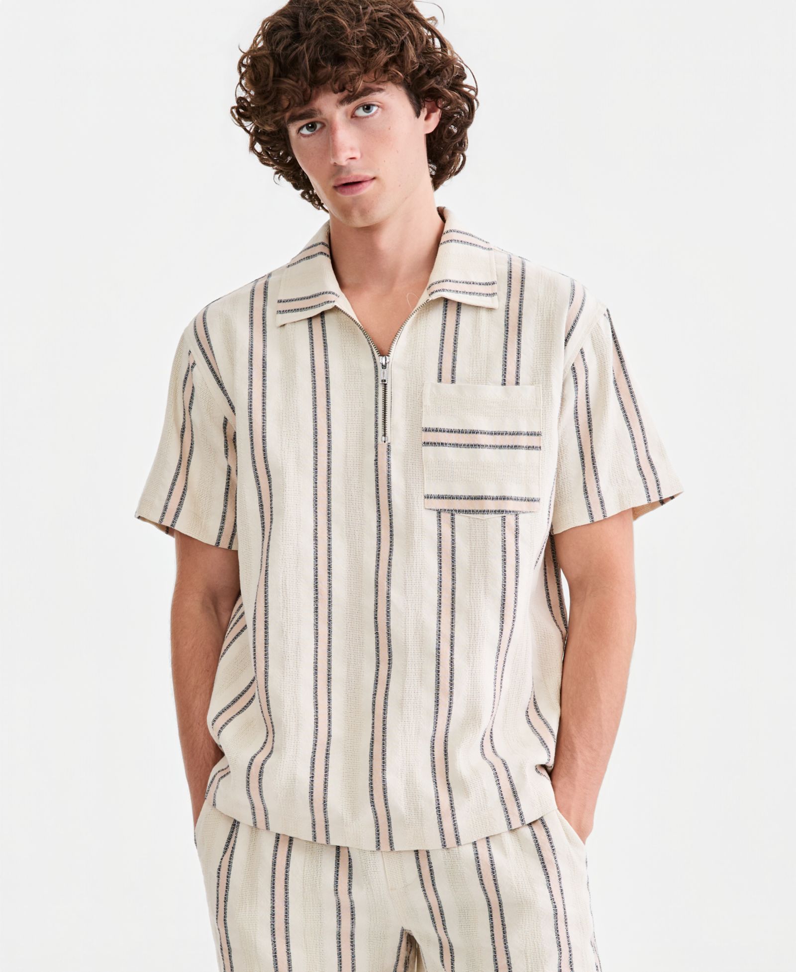 Мужская рубашка Sun + Stone Men's Roan Cotton Striped Quarter-Zip