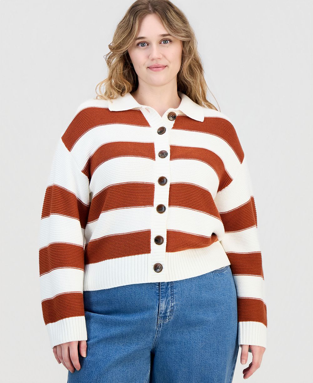 On 34th Trendy Plus Size Bold Stripe Button-Front Cardigan Sweater, Macy's Exclusive