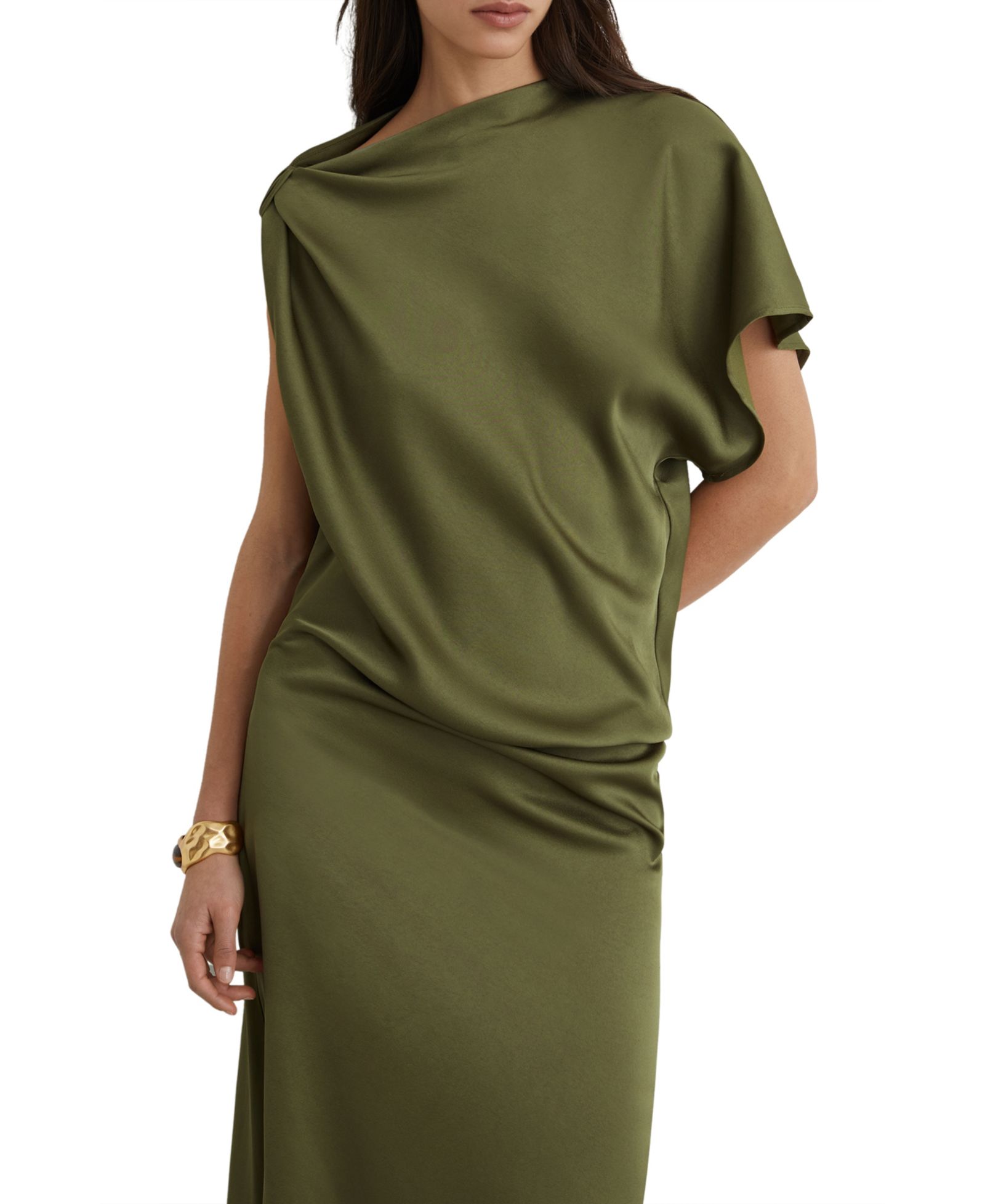 REISS Women's Satin Asymmetric Draped Midi Dress