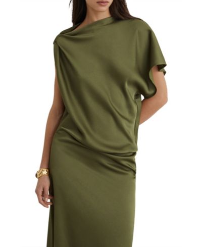 REISS Women's Satin Asymmetric Draped Midi Dress