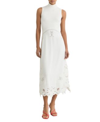 REISS Women's Rib-Knit Mix Broderie Midi Dress