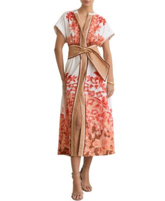 REISS Women's Cotton Floral Belted with Stretch Midi Dress