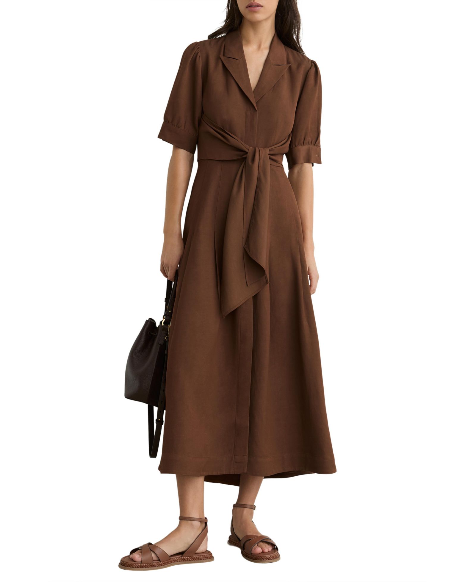 REISS Women's Tessera Short-Sleeve Belted Linen with Midi Dress