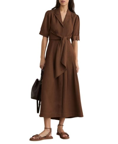 REISS Women's Tessera Short-Sleeve Belted Linen with Midi Dress