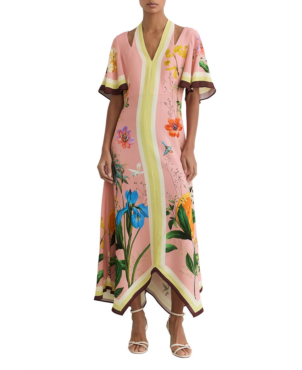 REISS Women's Floral-Print Cut-Out Midi Dress
