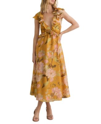 REISS Women's Floral-Print Frill-Trim Midi Dress