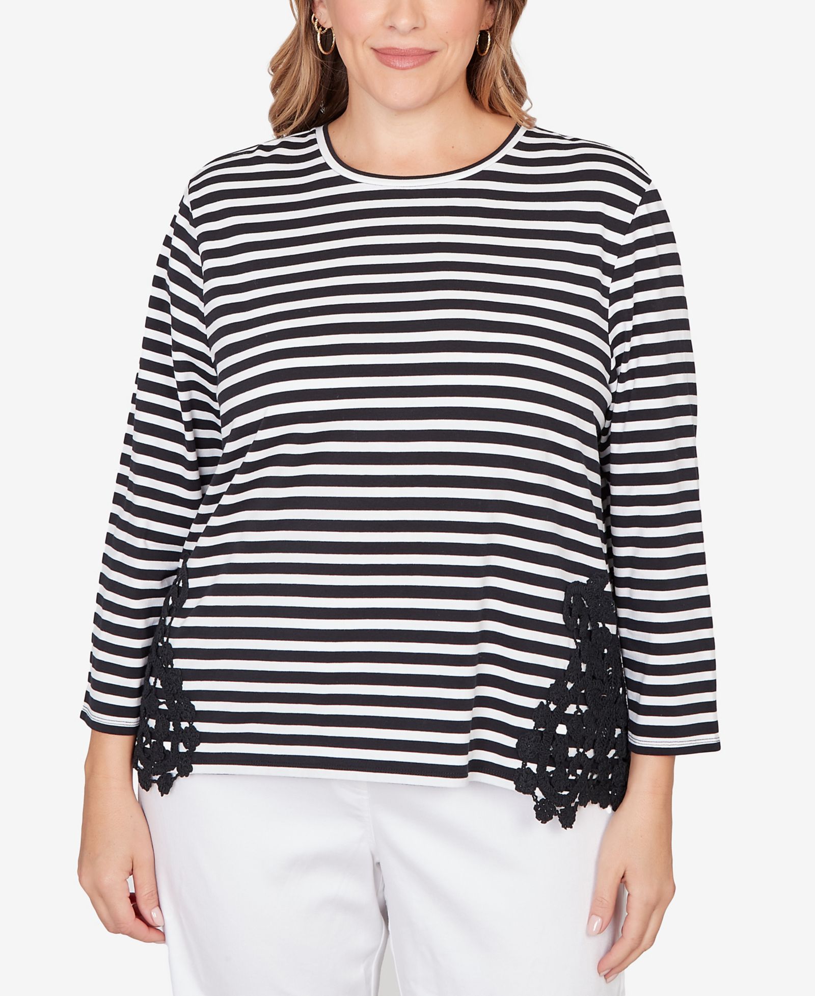 Женский топ Ruby Rd. Plus Size Crew Neck Stripe Cotton Lace Applique