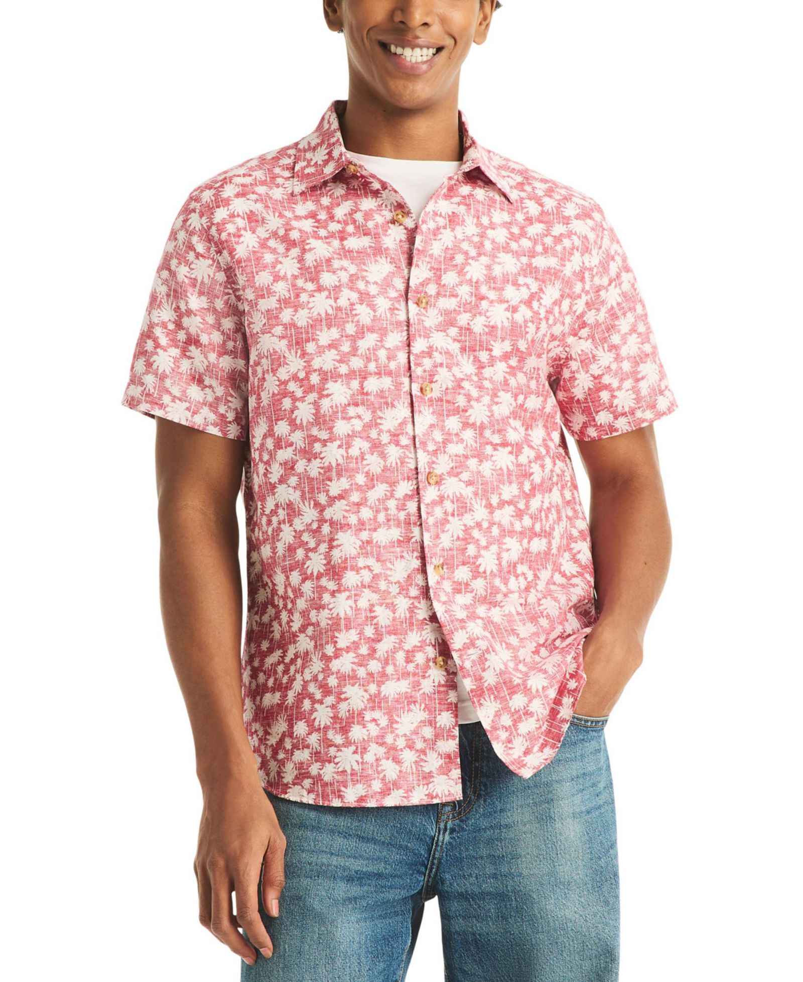 Мужская рубашка Nautica Men's Reverse Palm Tree Printed Linen Short-Sleeve