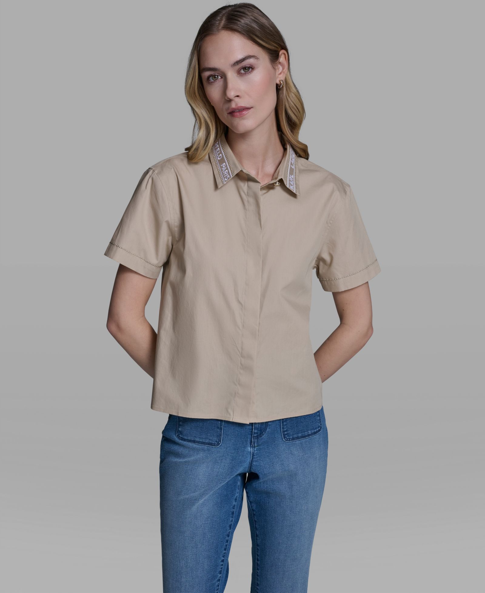 KARL LAGERFELD PARIS Women's Short-Sleeve Embroidered-Collar Top