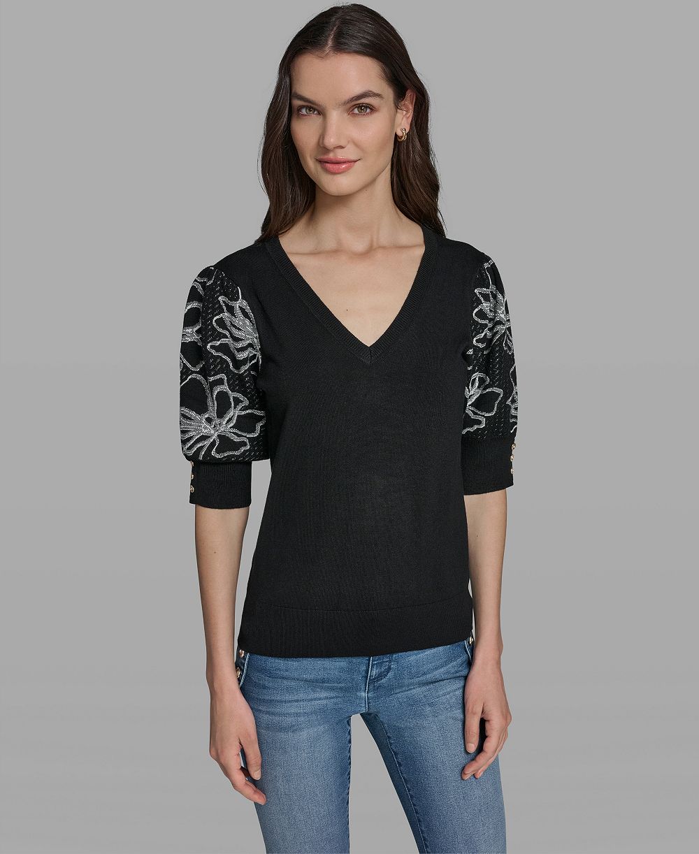 KARL LAGERFELD PARIS Women's V-Neck Floral Embroidered Short Sleeve Sweater