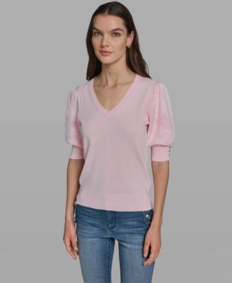 KARL LAGERFELD PARIS Women's V-Neck Floral Embroidered Short Sleeve Sweater