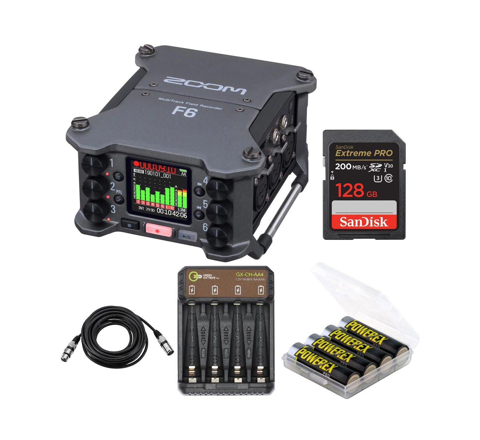 Рекордер Zoom F6 Multi-Track Field, комплект с картой SDXC 128GB, 4 аккумулятора NiMH, зарядное устройство и кабель XLR