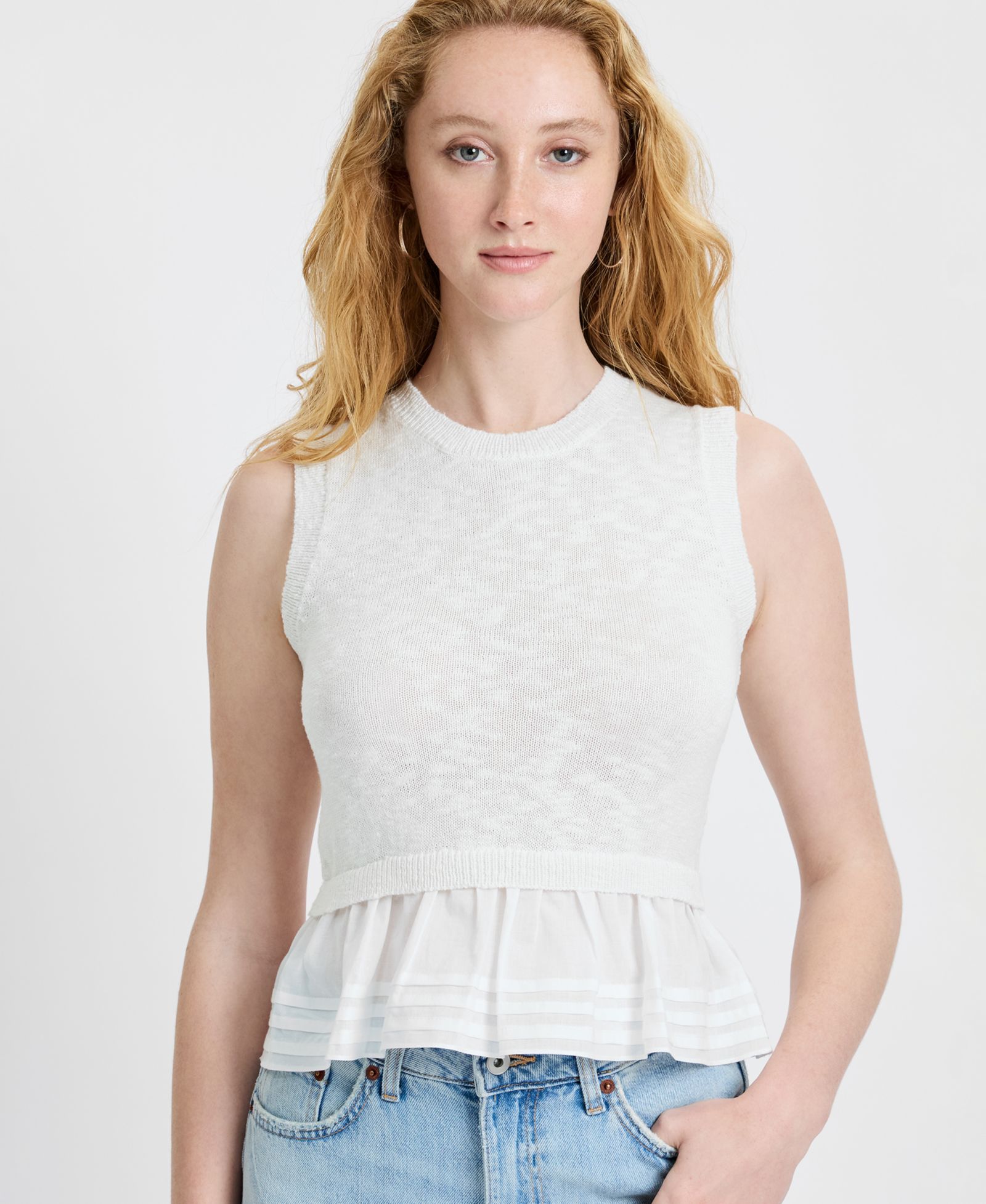 French Connection Women's Pascale Round Neck Mixed Media Poplin Top