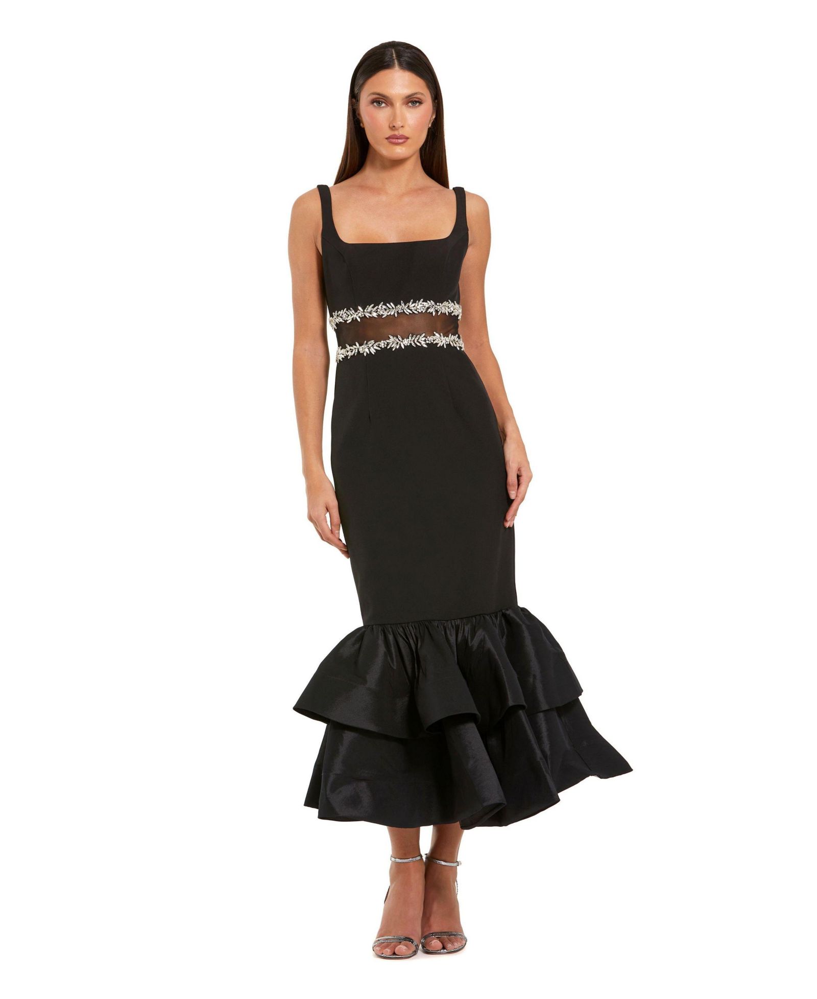 Женское платье Mac Duggal Crepe Midi с украшениями и рюшами по подолу