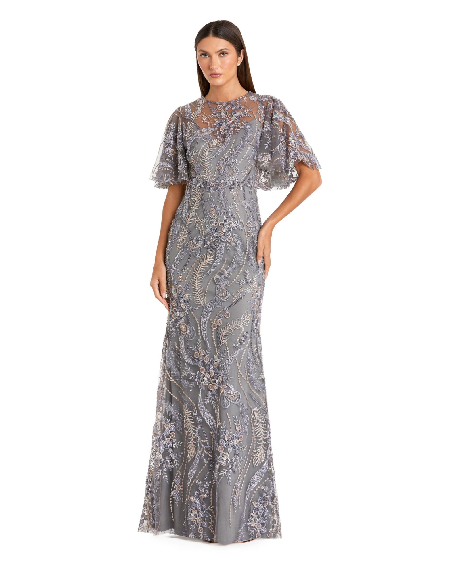 Женское вечернее платье Mac Duggal High Neck Flutter Sleeve Floral Embroidered