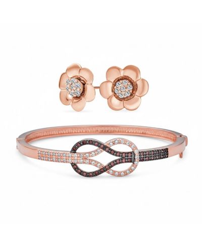 Bling Jewelry Tri-Tone Love Knot Bangle Bracelet and CZ Petal Cubic Zirconia Stud Earring Jewelry Set Plated