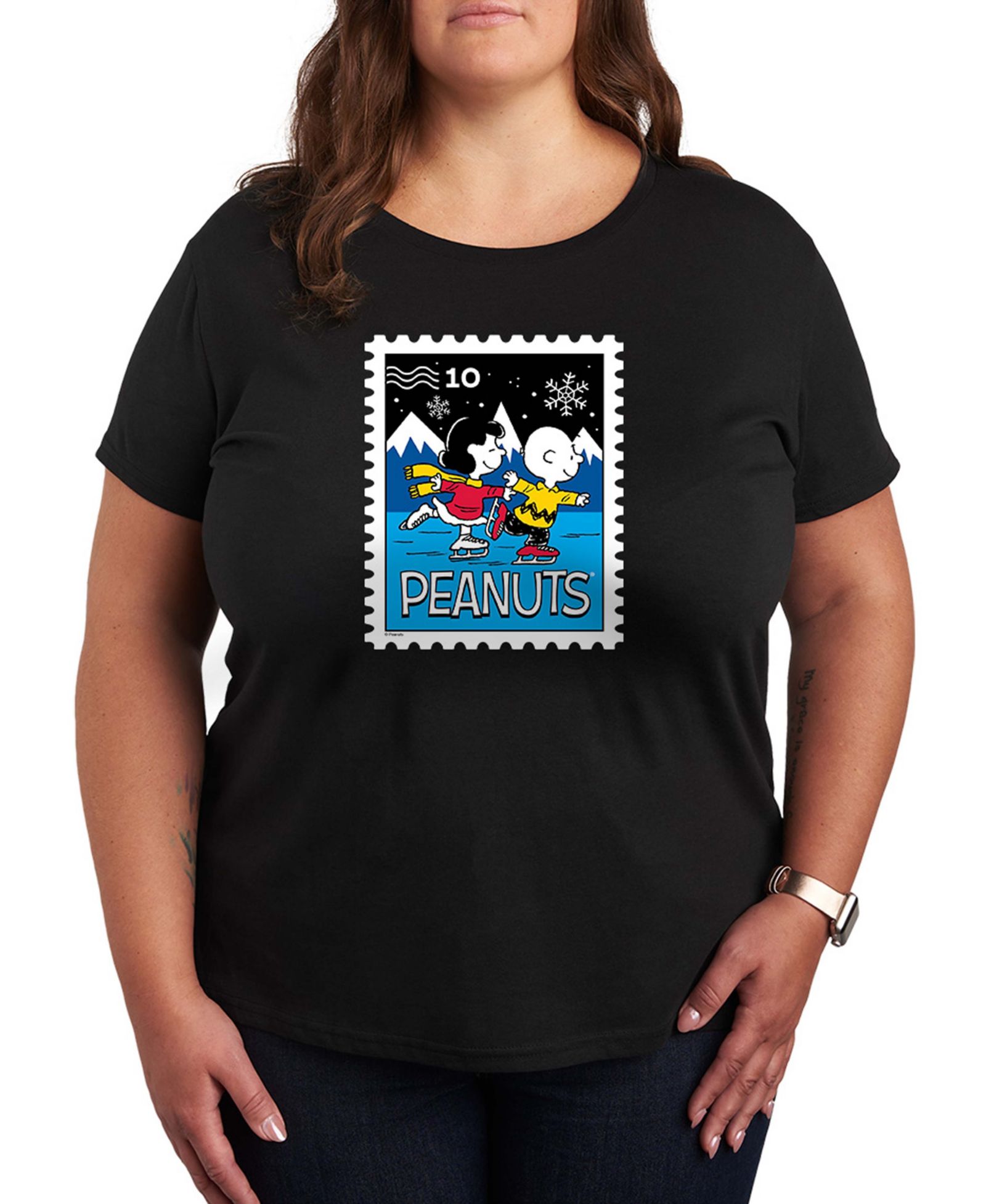 Hybrid Apparel Plus Size Peanuts Lucy Charlie Winter Stamp Word Art Short Sleeve T-shirt