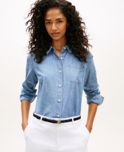 Tommy Hilfiger Women's Chambray Roll-Tab Long-Sleeve Shirt