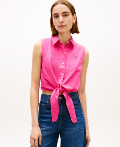 Tommy Hilfiger Women's Linen Knotted Collared Top