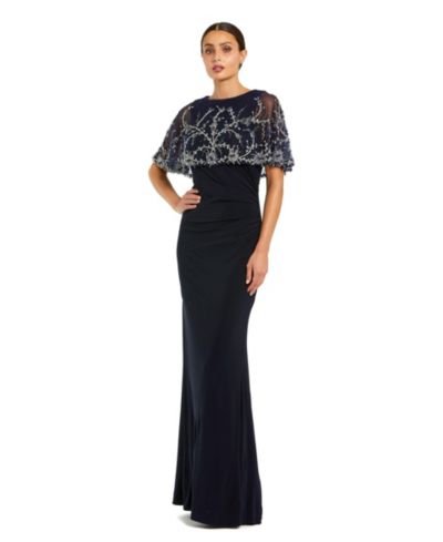 Mac Duggal Women's Fitted Jersey Gown with Embellished Cape