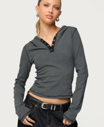 Edikted Women's Damson Striped Hooded Henley Top