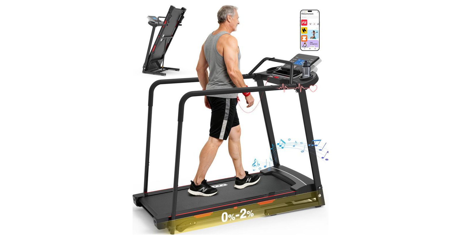 Redliro Senior Treadmill with Long Handrails, 350 lbs Capacity Walking Treadmill for Seniors, Foldable Treadmill with Incline