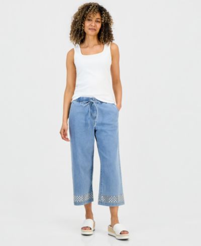 Style & Co Petite High-Rise Wide-Leg Embellished Jeans, Macy's Exclusive