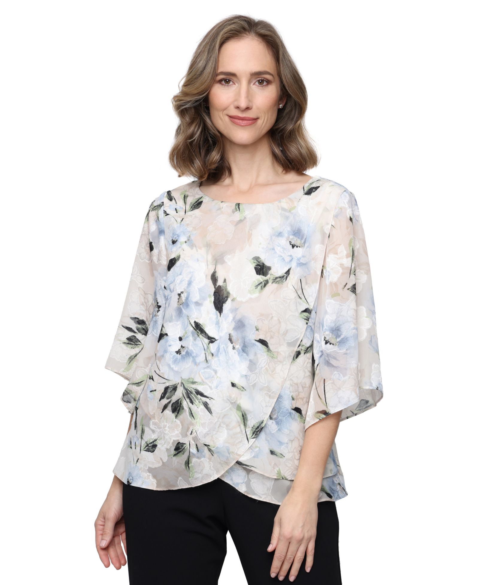 Alex Evenings Women's Boat Neck Printed Burnout Chiffon Blouse