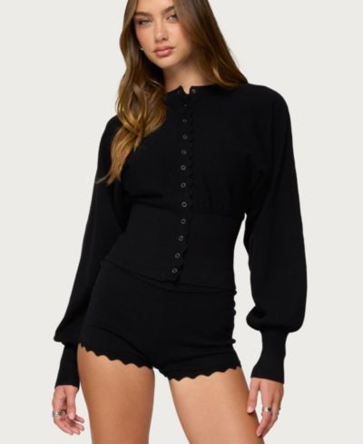 Edikted Women's Maizy Puff Sleeve Scalloped Knit Cardigan