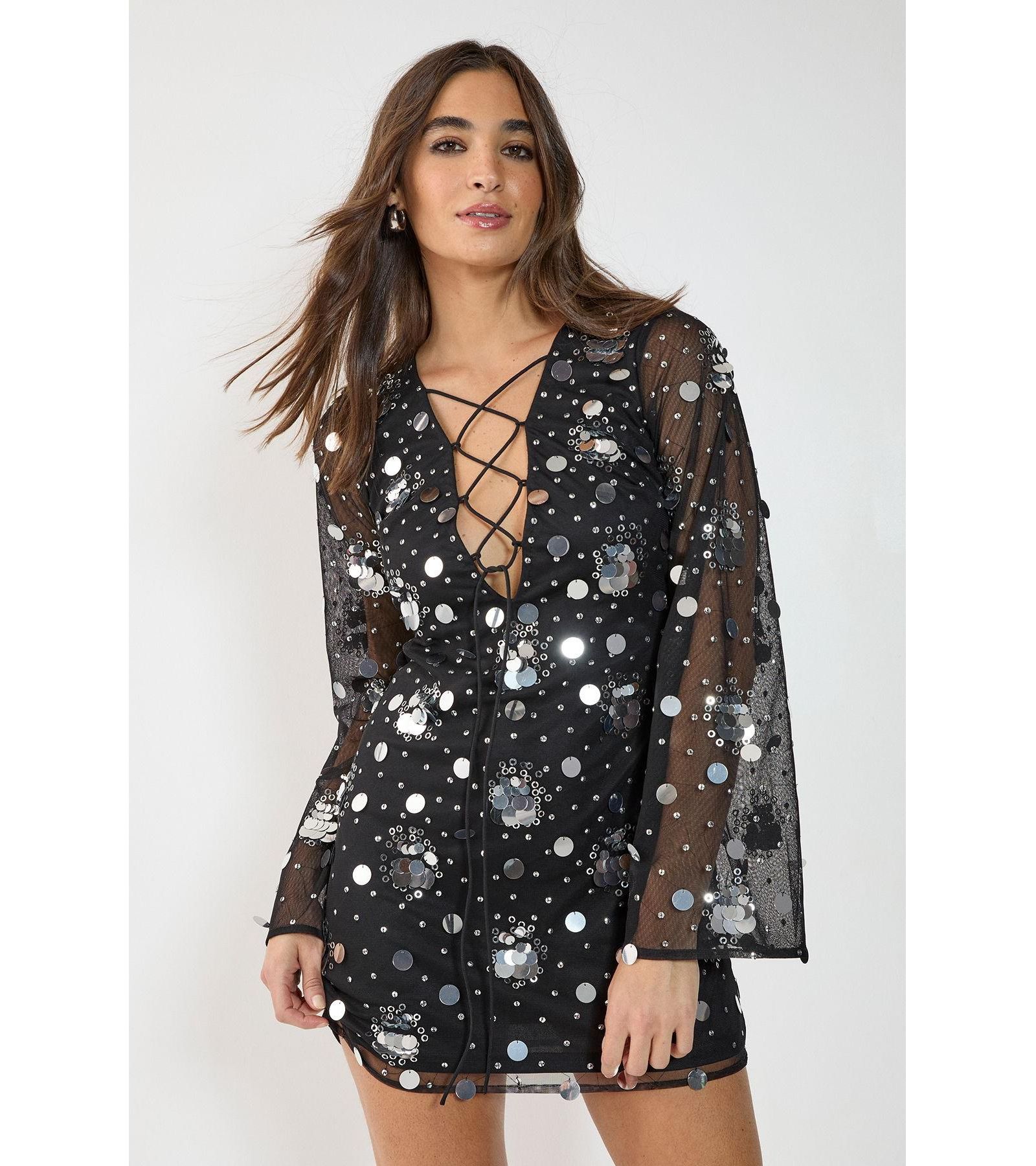 Женское мини платье Nasty Gal с кружевной шнуровкой и расклешенными рукавами
