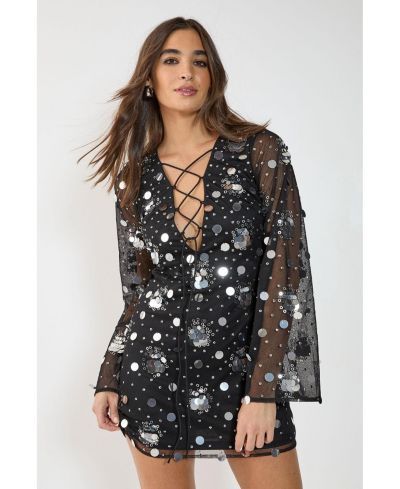Женское мини платье Nasty Gal с кружевной шнуровкой и расклешенными рукавами