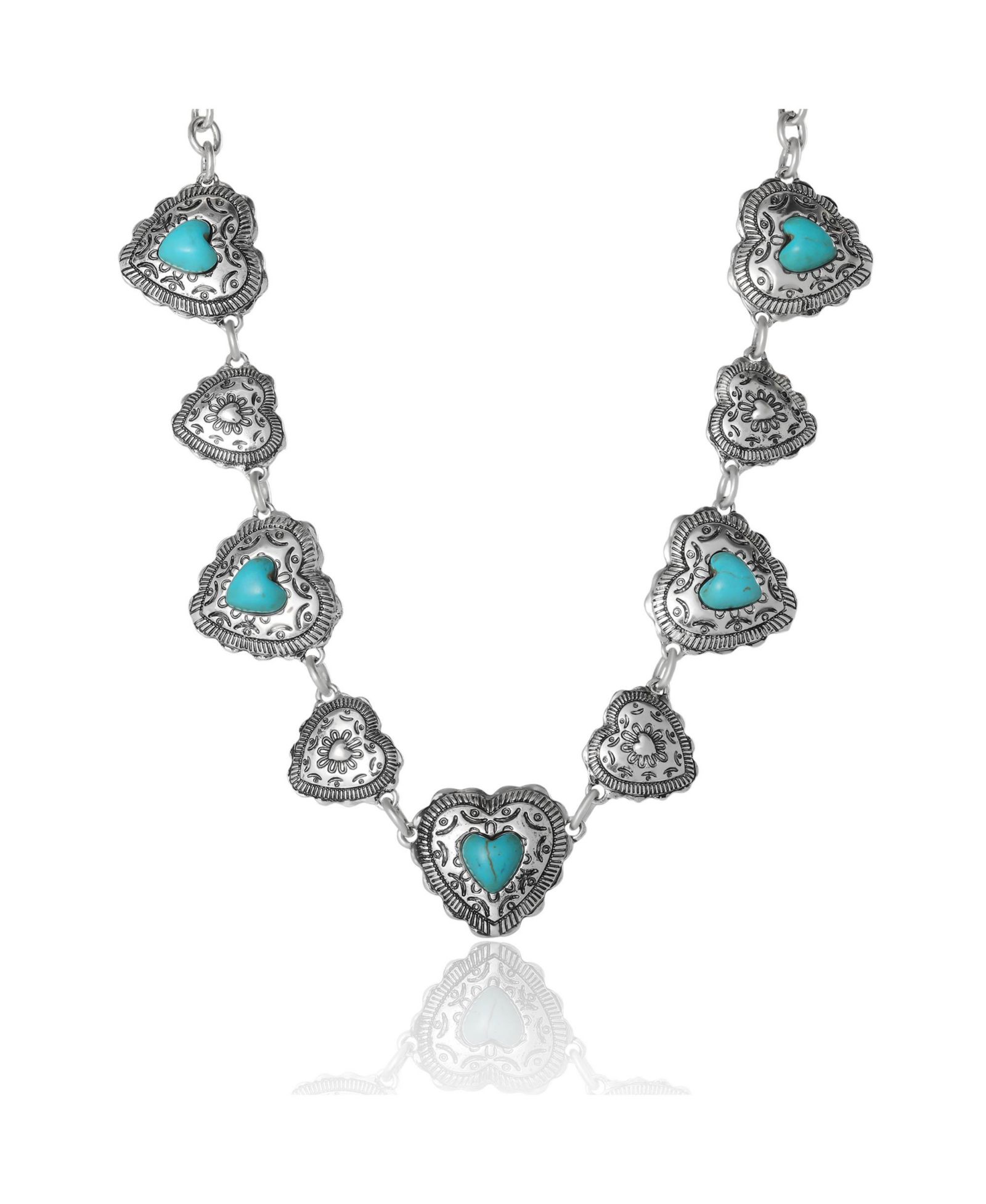 JS Jessica Simpson Turquoise Concho Statement Necklace Antique Silver Tone