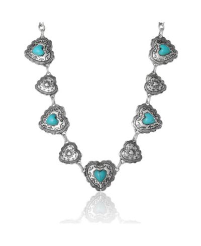 JS Jessica Simpson Turquoise Concho Statement Necklace Antique Silver Tone